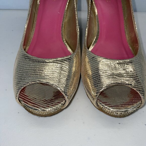Lilly Pulitzer Sz 7.5 Gold Resort Chic Peep Toe Wedge Pumps Womens Shoes Leather - Picture 4 of 8